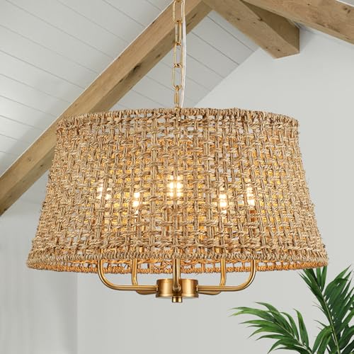YOMECOO Hand-Woven Rattan Chandelier Vintage Farmhouse Boho Bamboo Chandeliers Light Fixture Retro Drum Wicker Rattan Gold Chandelier for Dining Room, Kitchen, Living Room