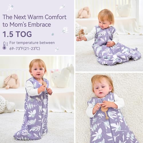 Image of Baby Sleep Sack 6-12 Months 1.5 Tog Baby Wearable Blanket 100% Cotton Fabric Warm Sleeping sack with 2-Way Zipper Quilted for Infant Newborn Tog Purple Leaves