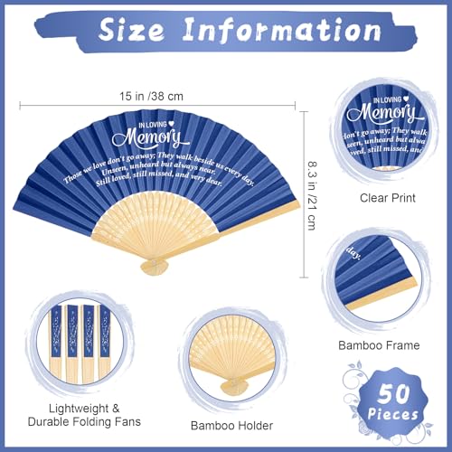 Image of Threehoney 50 Pack Funeral Favors for Guests in Loving Memory Handheld Fans Paper Folding Hand Fan Bulk Funeral Gifts for Services Condolence Sympathy Accessories (Blue)