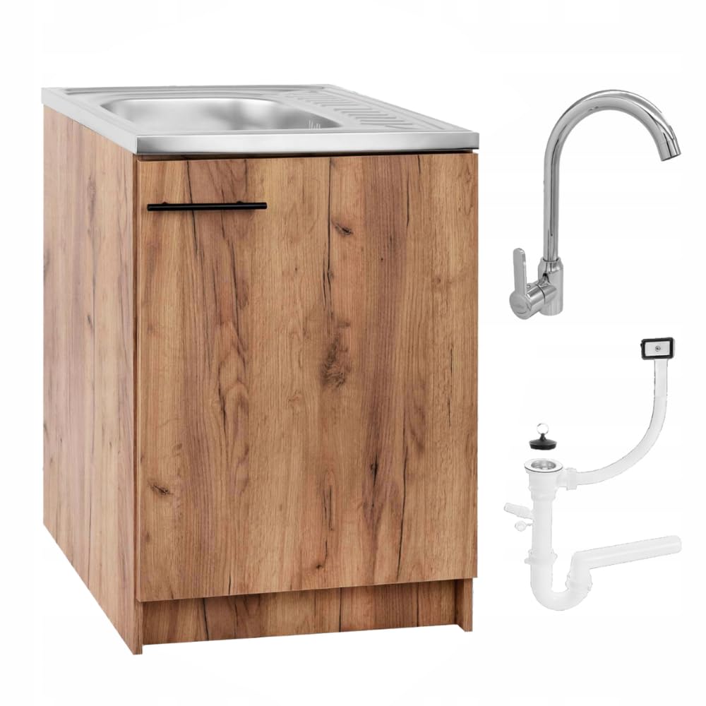 Lavello da cucina con mobiletto da 60 cm, in rovere dorato, 1 camera e acciaio inox, compatto per cucina, armadietto da pavimento 50 cm di profondità, pronto da montare