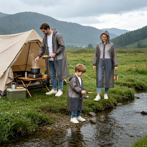 Image of PALAY 3PCS Family Raincoat Set EVA, 2 Adult & 1 Kids Waterproof Hooded Rain Ponchos, Reusable Lightweight Rain Gear with Snap Closure, Portable Outdoor Travel Rainwear for Men Women Children