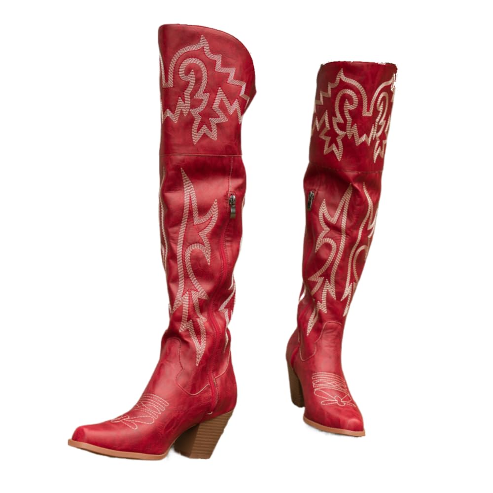 Cowboy Boots for Women Over the Knee Western Boots Embroidery Cowgirl Pull-On Pointy Toe Wide - Plus Size