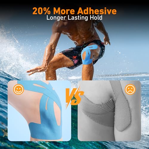 Image of PreCut Kinesiology Tape for Knees, 12PCS(6 Black & 6 Blue)Waterproof KTQUICK Knee Tape for Knee Pain Relief Pre Cut, Original Cotton Athletic Knee Tape, Waterproof&Hypoallergenic Latex-Free for Sports