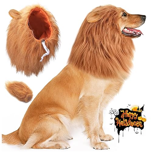 Vivifying Dog Lion Costume, Adjustable Pet Halloween Costumes Lion Mane Wig with Tail for Medium and Large Dog Dress up (Brown)