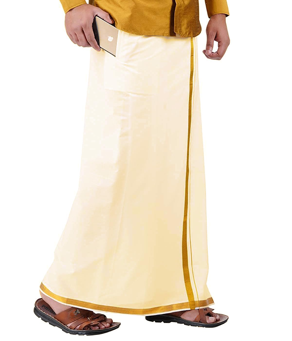 yettalan Mens Welcro Zip Pocket 100% Pure Cotton Dhoti Cream Color Mundu/Vesti (Double Layer)-picture-57