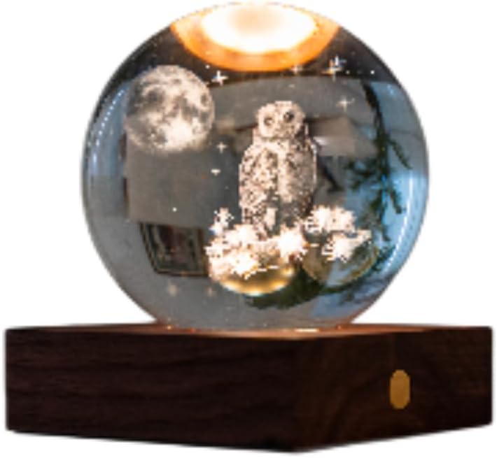 Gingko Design Amber Crystal Light – Owl Moon | Handcrafted LED Lamp with Wooden Base | Rechargeable USB Night Light | Unique Gift for Home, Office & Bedroom Décor