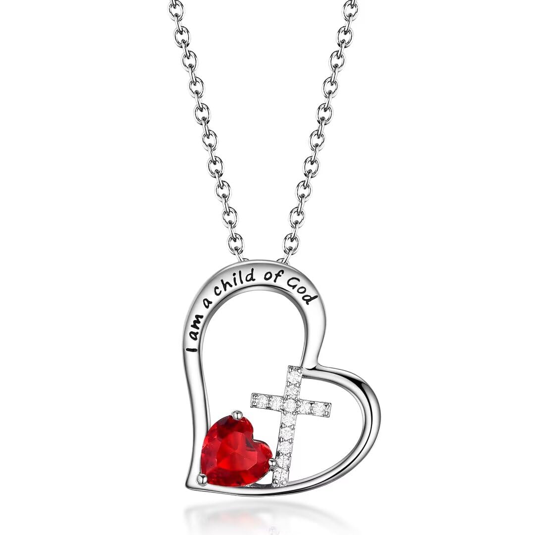 BAOWING I Am a Child of God Heart Cross Birthstone Necklace for Girls Baptism Gifts First Communion Gifts Easter Birthday Christmas Gifts Jewelry for