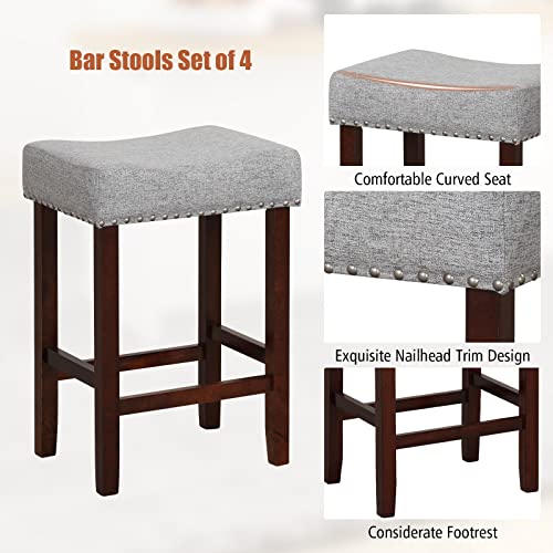 Image of COSTWAY Wooden Saddle Stools Set of 4, 25-inch Backless Counter Chairs with Nailhead Trim, Rubber Wood Frame, Footrest, Max Load 330 Lbs, Upholstered Bar Stools for Kitchen Island, Grey+Brown