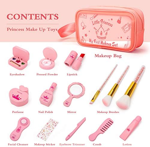 LAWASEN Kids Makeup Sets for Girls, Wooden Pretend Makeup Play Kit with Cosmetic Bag,Toys for 3+ Years Old Toddlers, for Girls Children - 15 Pieces