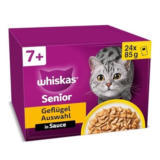 Whiskas 7+ Katzenfutter Geflügel Auswahl in Sauce, 24x85g (2 Packungen) – Hochwertiges Nassfutter ab dem 7. Lebensjahr in 48 Portionsbeuteln