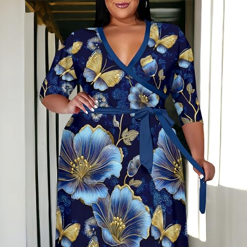 Image of SUZONANA Plus Size Maxi Dresses for Curcy Women Casual Loose 3 /4 Sleeve Long Dress with Belt