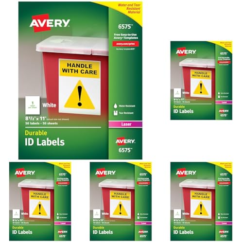 Image of Avery Durable White Cover Up ID Labels for Laser Printers, 8.5 inch x 11 inch, (6575), 50 Count (Pack of 5)