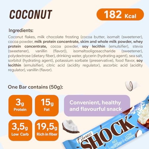 Fitnesshock Protein Bar 12-Pack no added sugar, low carb (3.5g), rich in fibre, low calories, 12pcs Fitness chocolate protein bar, no flour and palm oil, 12x50g coconut flavor - Image 4