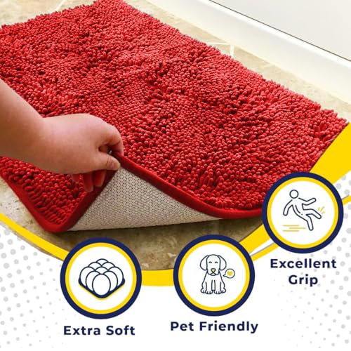Muddy Mat® Shown on TV – Super Absorbent Microfiber Dog Door Mat for Muddy Paws, Non-Slip Washable Pet Rug, Quick Dry Chenille Entryway Carpet, Machine Washable Indoor Outdoor mat, Red 59"x24"