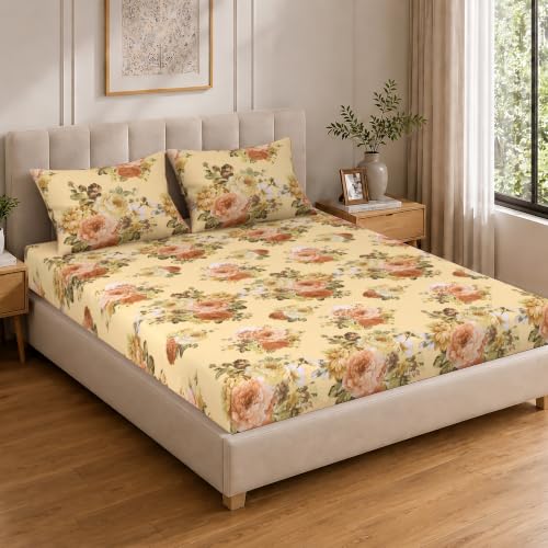 Image of Cloth Fusion Glace Cotton Elastic Fitted Bedsheet King Size 78x72 inch | Blush Bouquet, 2 Pillow Covers, 165 TC, Soft, Cotton Blend, 360 Grip, Fits Up to 8 in Mattress, Quick-Drying