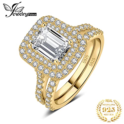 JewelryPalace Classic 1.6ct Cubic Zirconia Double Halo Engagement Rings for Women, Emerald Cut 925 Sterling Silver 14K Gold Promise Ring for Her, Simulated Diamond Anniversary Wedding Band Bridal Set2