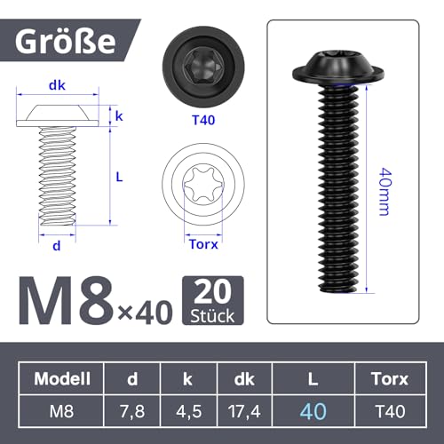 ORTAVA Torx Screws Pack of 20, M8 x 40 Rounded Head Screws with Flange and Hexalobular Socket/Torx Flange Screws ISO 7380-2 - Image 2