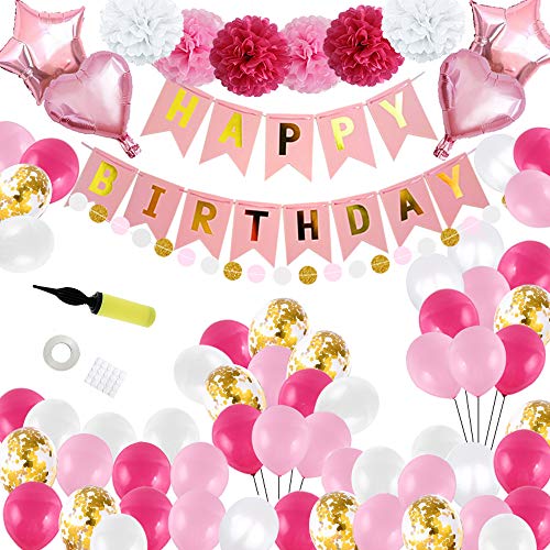 Cumpleaños decoración Fiesta Garland Set 68 Piezas niñas Rosa cumpleaños decoración Pompones Globos Estrella Diapositiva Globos Estrella Cuerda con Bomba Fiesta Deco Set Rosa Blanco Rosa Oro