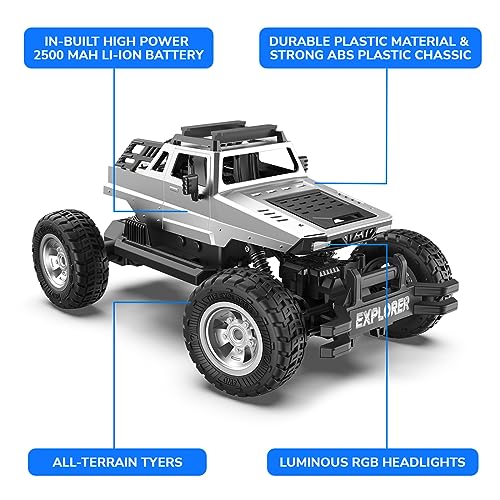 Image of Mirana 4WD Remote EXPLORER C-Type USB Rechargeable RC Car | Off Road Rock Crawler Monster Truck ATV 4x4 Wheel Drive High Speed With Proportional Racing Car Gift for Boys Girls Kids (Silver)