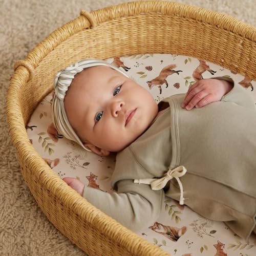 Image of Stretch Fitted Bassinet Sheet Set BROLEX 2 Pack Cradle Sheets for Bassinet Pad /Mattress,Unisex Boys Girls,Ultra Soft,Fox Foliage