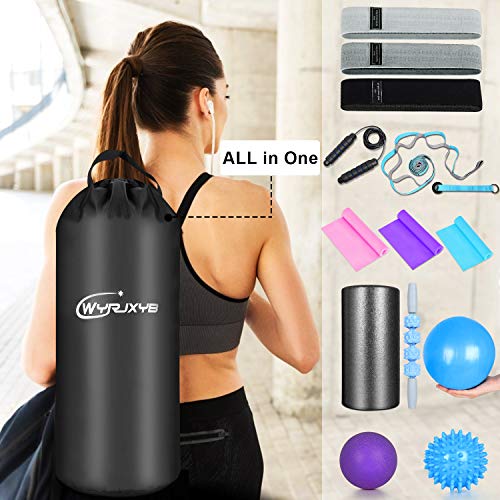 Foam Roller Set (15-in-1), Foam Exercise Roller with Roller Stick, Massage Ball for Muscle Massage and Therapy, include Resistance Exercise Bands, Stretch Strap and Exercise Accessories (Blue Grey)