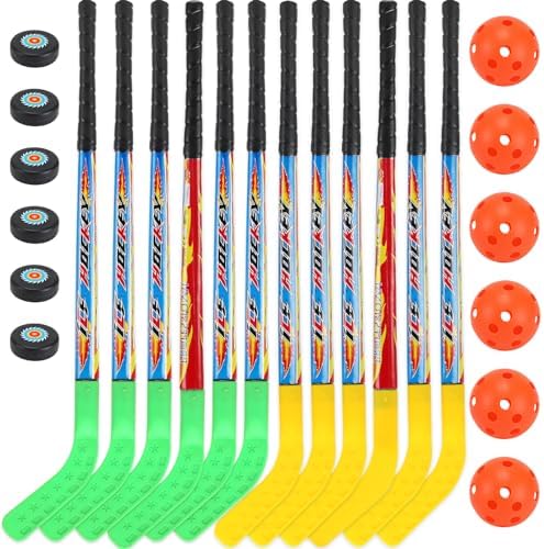 Liberty Pro 12 Pack Kids Floor Hockey Stick Toy Set – 34″ Perfect Youth Beginner Bulk Hockey Sports Playset for Indoor and Outdoor Games with Plastic Puck and Ball – Ideal for Children Training