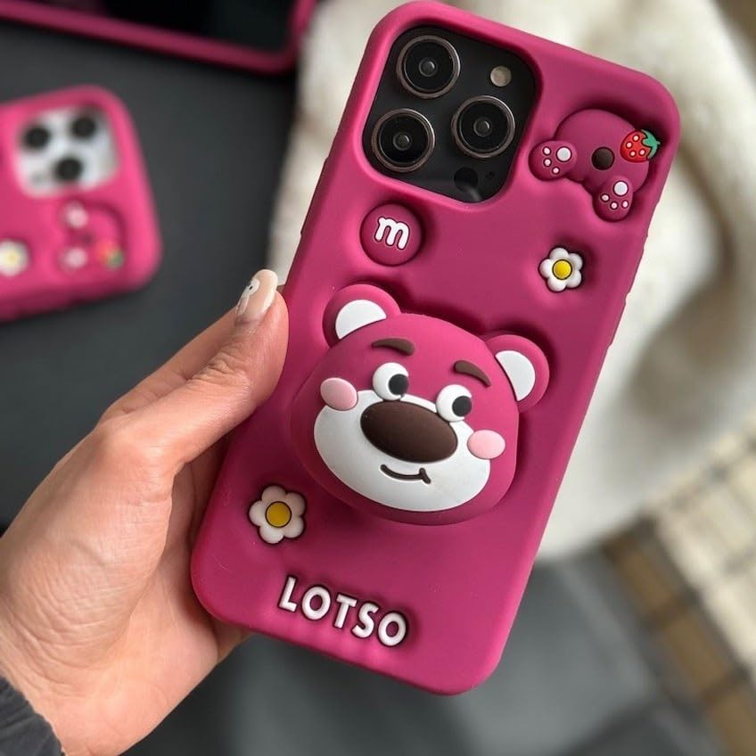 Image of COVERLY for iPhone 12 Pro 3D Cartoon LOTSO Bear Case,Full Protective Huggin Strawberry Toy Story Walt Back Case with Holder Cute Soft Silicone Fashion Aesthetic Cover for Apple iPhone 12 Pro