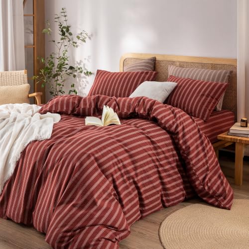Image of BESTOUCH Striped Cotton Duvet Cover Set Linen Feel King | 100% Washed Cotton, Soft Wrinkle Texture, Hidden Zipper, 8 Ties, Breathable Lightweight Durable Comfy, 3 Pcs No Insert