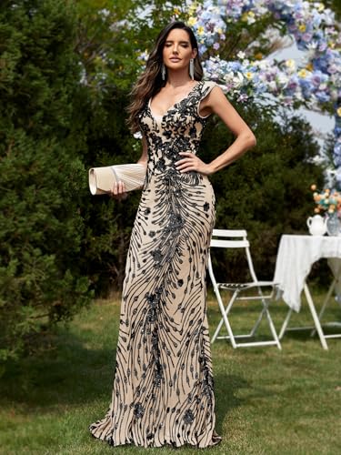 Image of Womens Sequined Long Evening Gown Glamous Sleeveless V-Neck Mermaid Prom Dress for Wedding Party Club Occasions