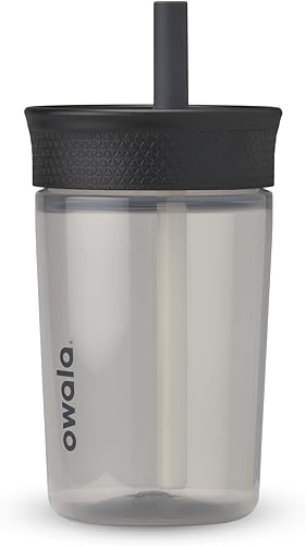 Owala Vaso de plástico sin BPA para niños, con popote flexible resistente a derrames, fácil de limpiar, botella de agua para niños, ideal para Negro