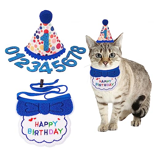 ADOGGYGO Cat Birthday Party Supplies Blue Boy Cat Kitten Birthday Bandana Hat Numbers Pet Birthday Decorations Outfits
