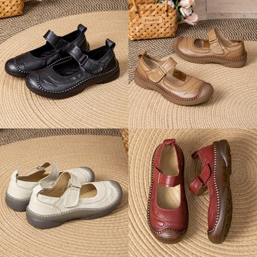 Women's Leather Arch Support Mary Jane Shoes,Vintage Comfort Round Toe Non-Slip Soft Sole Casual Dress Walking Flats3