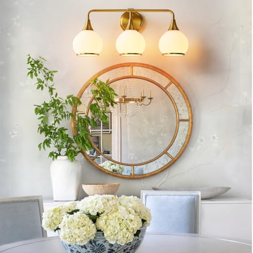 Image of Brushed Gold Bathroom Light Fixtures 3-Lights Vanity Lights with Milky White Frosted Glass Shade Bathroom Vanity Light 22.4 inch Wall Sconce Lighting Bath(Exclude E26 Bulb)