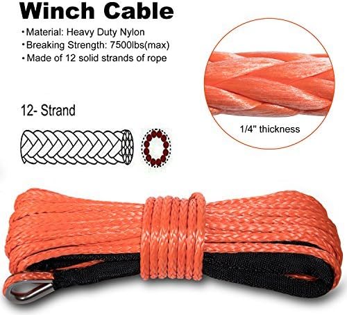 Yoursme Nylon Synthetic Winch Cable Rope with Sheath for SUV ATV UTV Winches Truck Boat Ramsey Car 1/4" x 50'-8000LB+ Orange