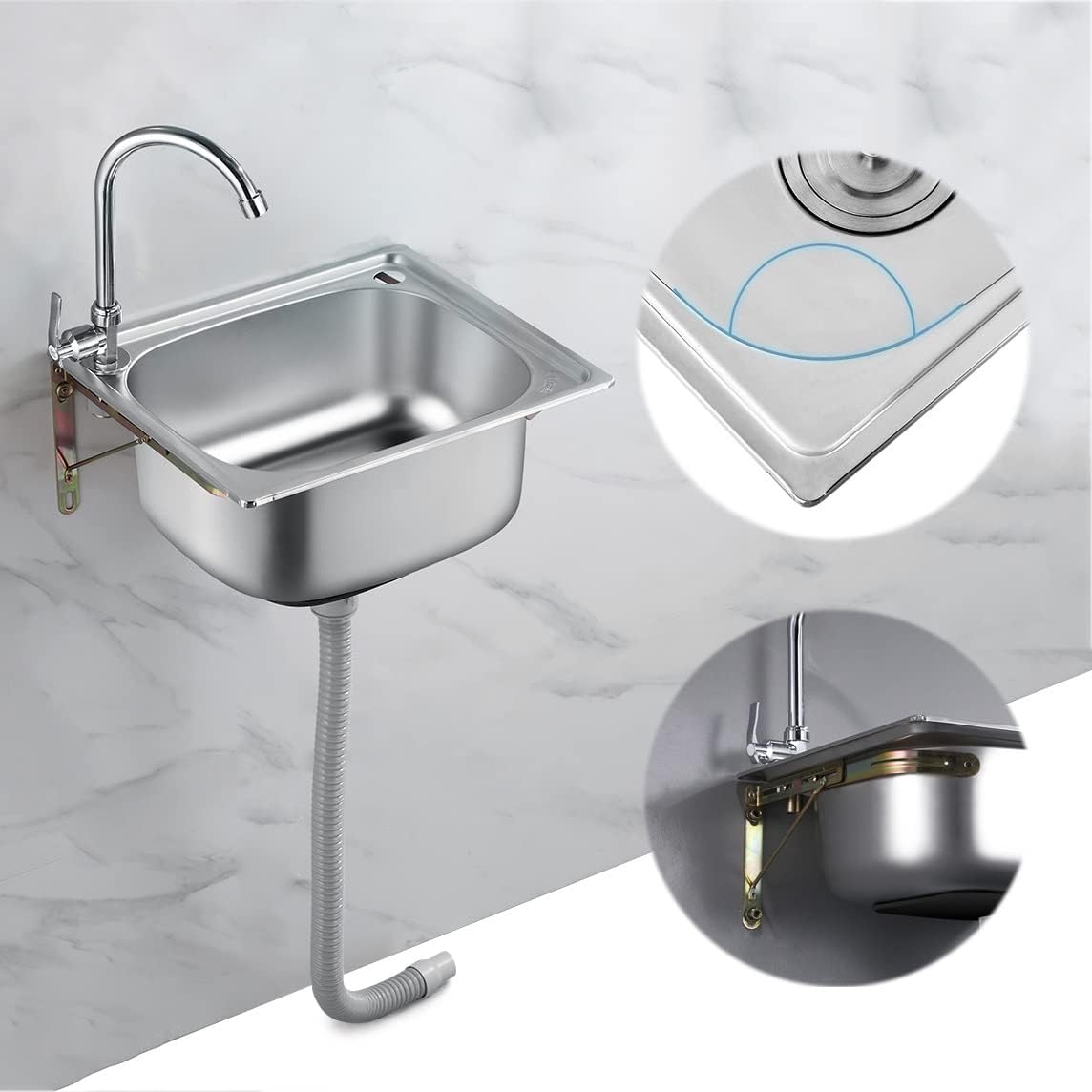 Stainless Steel Hand Washing Sink, Wall Mounted Commercial Basin, Gooseneck Faucet for Restaurant and RV Kitchen