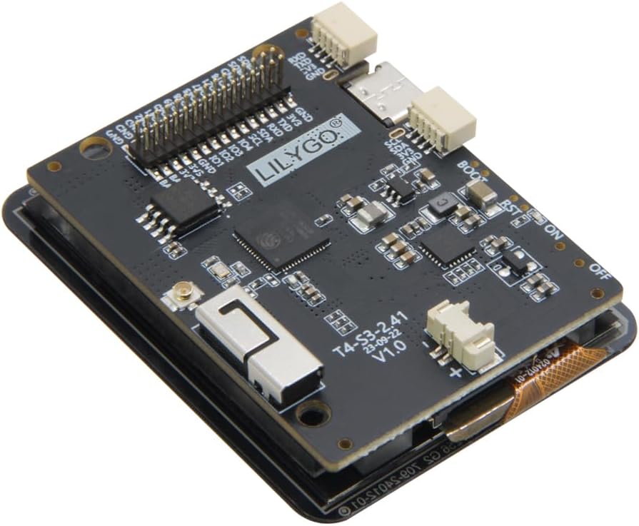 Angled view of the LILYGO T4-S3 board showing USB-C and JST-GH connectors
