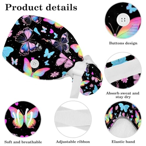 Image of Butterfly Scrub Cap Women with Ponytail & Buttons Adjustable Surgical Nurse Hat with Cotton Sweatband for Long Hair