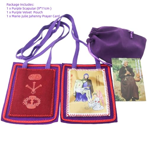 MERCILIA MEISHILAI 9 x 11 cm duża fioletowa szkaplerz - Escapulario Morado de Bendición y Protección wełniana szkaplerz na czasy końcowe - zawiera fioletową aksamitną torebkę i kartę modlitewną