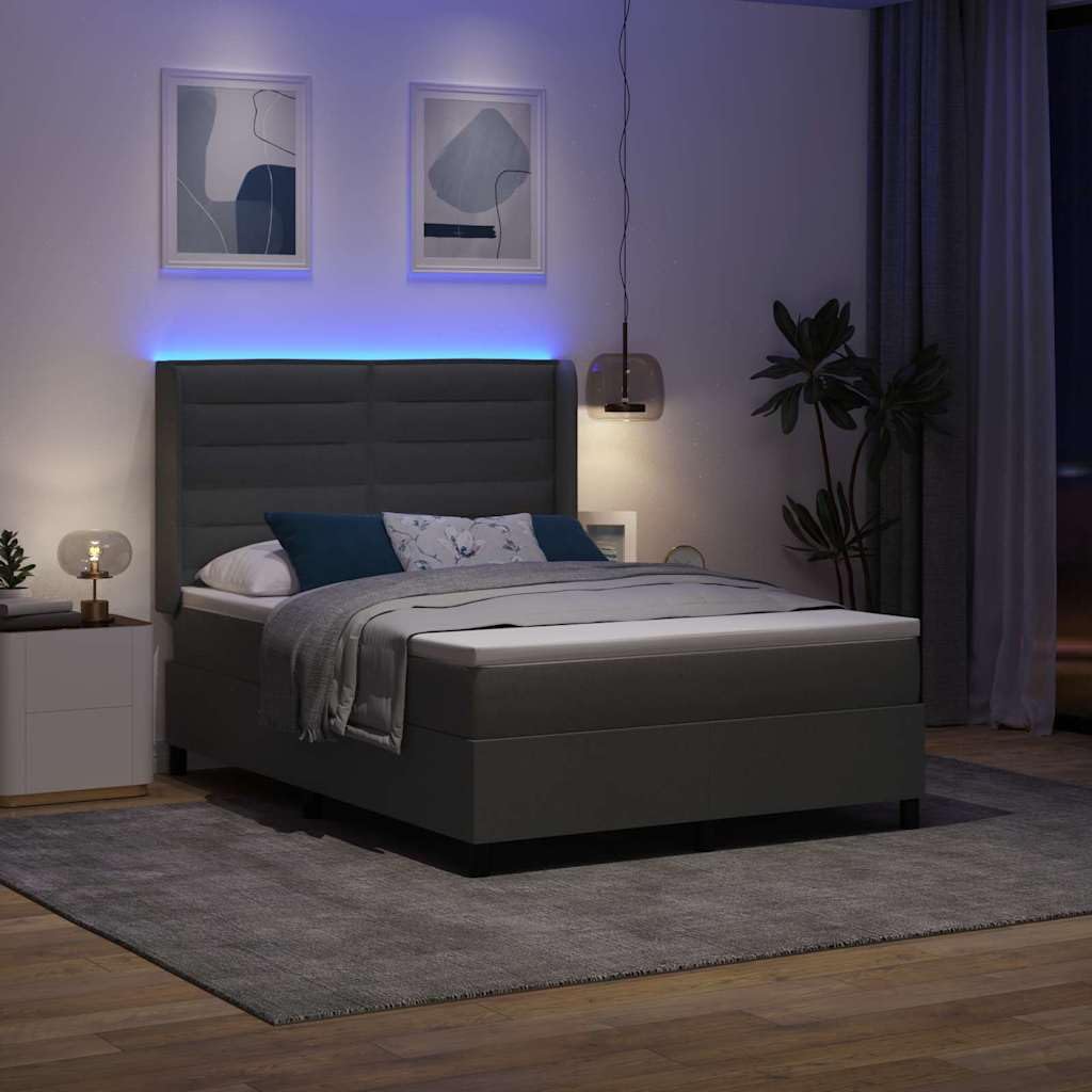 Nowoczesne łóżko kontynentalne LED, ciemnoszare, 140 x 200 cm, materiał i lite drewno, regulowany zagłówek, w zestawie materac ze sprężynami kieszeniowymi, dla 2 osób