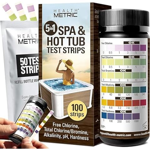 Spa and Hot Tub Test Strips - 100 ct - 5 Way Chemical Testing Strip Kit Tester for Chlorine & Bromine Spas & Tubs - Calibrated for Warm Water to Maximize Accuracy - FC TC/TB Alkalinity pH & Hardness Cover