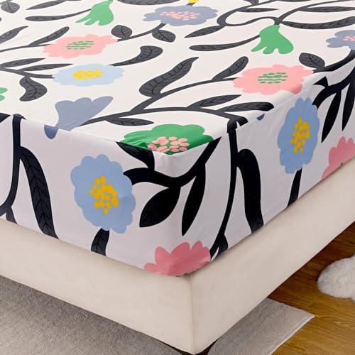 Image of Bedding Fitted Sheet with Deep Pocket Mattress Cover Sheets,Colorful Flowers Printed Fabric Bed Sheets (Floral, Queen)