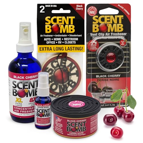 Scent Bomb Air Freshener Bundle - 1 oz & 8 oz Bottle Sprays Vent Clip Organic Cans Hanging Circle - Continuous Freshness & Long-Lasting Odor Eliminator for Car Home Bathroom - Black Cherry