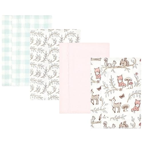 Image of Hudson Baby Unisex Baby Cotton Poly Flannel Burp Cloths, Girl Woodland Pals 4-Pack, One Size
