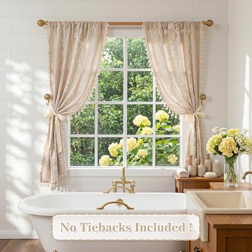 Image of MYSKY HOME Short Tiers Curtains 24 Inch Length Boho Floral Linen Blend | Small Cafe Window Tier Curtains for Farmhouse Vintage Drapes with Tassel Rod Pocket, Fog Taupe, 26 inch Wide, 2 Panels