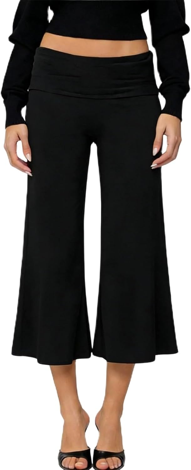 Pivanzore Women Fold Over Capri Lounge Pants Y2k Low Rise Wide Leg Cropped Yoga Pants Summer Foldover Coluttes Beach Bottoms