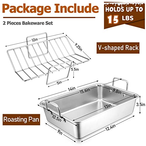 Joyfair 14-Inch Roasting Pan With Rack, Stainless Steel Turkey Roaster Baking Pan & V-Shaped Rack For Chicken Meat Vegetable, Rectangular Lasgana Pan With Riveted Handle, Heavy Duty & Dishwasher Safe #TOP1