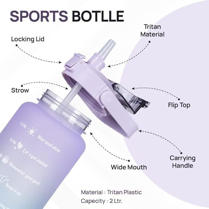 Image of MARTEEN Silicone Motivational Water Bottle Set Of 3 Pcs Time Marker With Straw, Unbreakable Leakproof BPA Free Non-Toxic Sipper Bottle For Office, Sports, Gym, School, 2 Liters, Purple