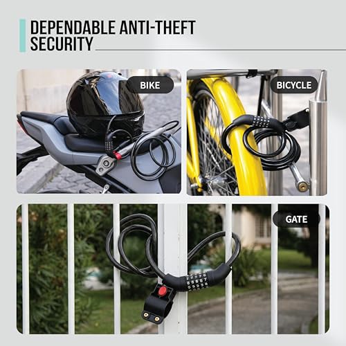 Image of Robustt 5 Digit Resettable Combination Lock with Mounting Bracket |1.2m Long, 10mm Thick Cut-Resistant Braided Steel with PVC Coating | Keyless Number Lock for Cycle, Bike, Helmet & Gate