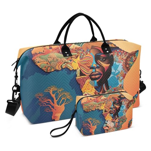 WOIWB Duffel Bag Set with Toiletry Bag for Travel Gym Sport, Luggage Sleeve Weekender Bags Carry on Overnight Bag-Art African Map Print