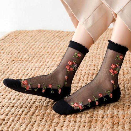 Image of DXYAKY Sheer Mesh Transparent Socks for Women Ultra-thin Lace Fishnet See Through Ankle Novelty Casual Floral Socks